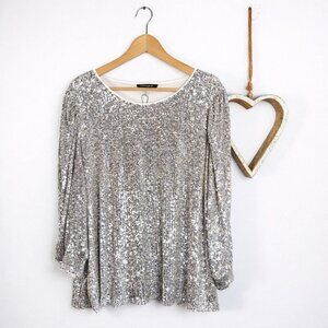 Cable & Gauge Scoop Neckline Sequin Embellishment Flowy Plus Sz 3X Silver Glam